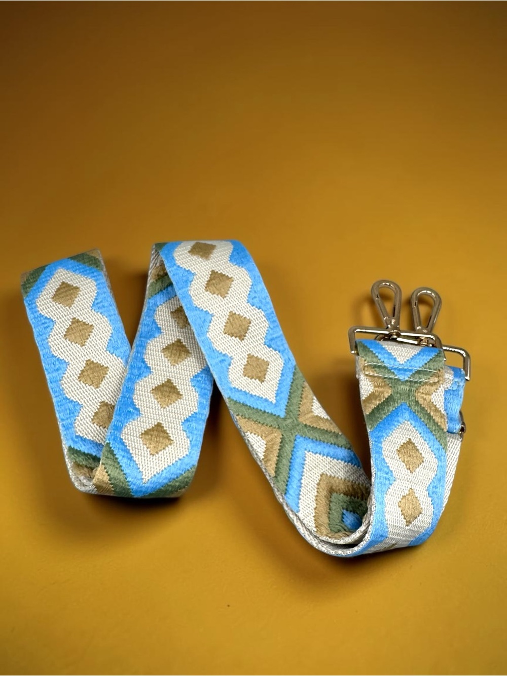 ALBA Adjustable Woven Geometric Bag Strap 30”-54” Blue Green Tan 2” Wide